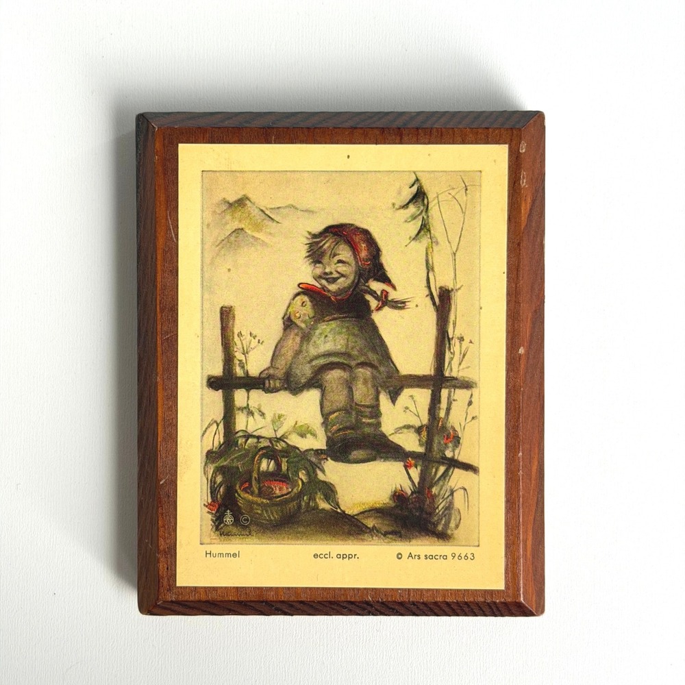 Vintage Hummel Wood Plaque Handcrafted Girl on Fence Art Old‎ World Cottagecore